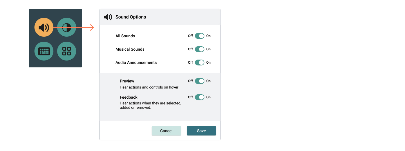 This image shows an expanded audio settings menu for the Weavly coding environment. 