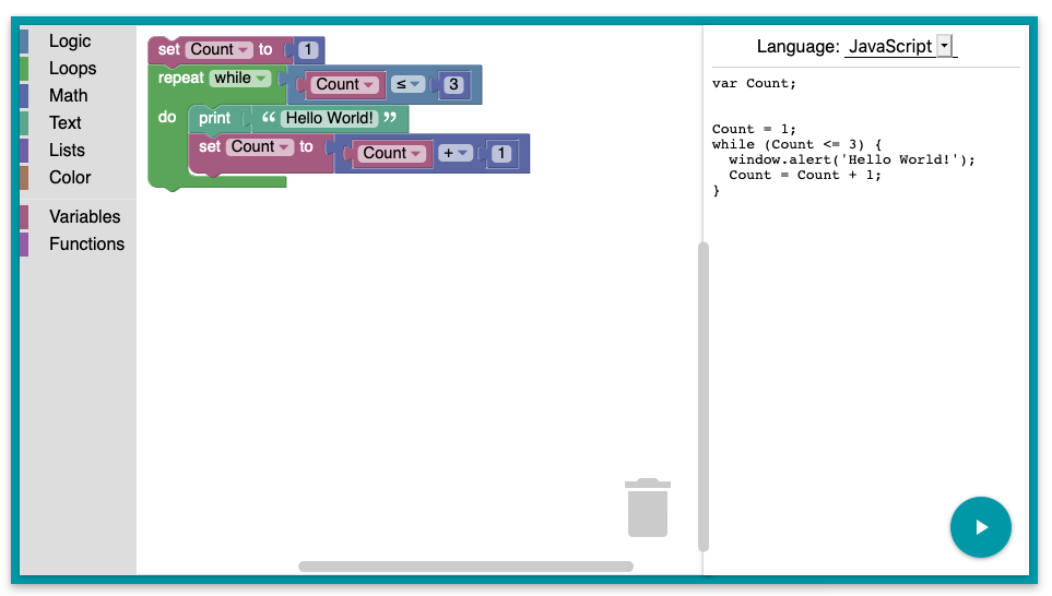 Blockly coding environment