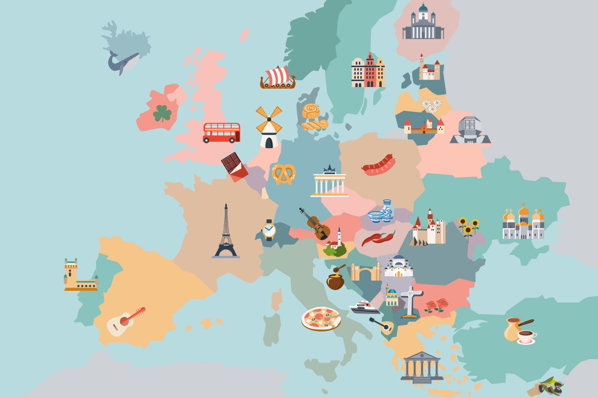 An illustrated map of Europe. There is an icon on each country that represents their most popular touris attractions. 