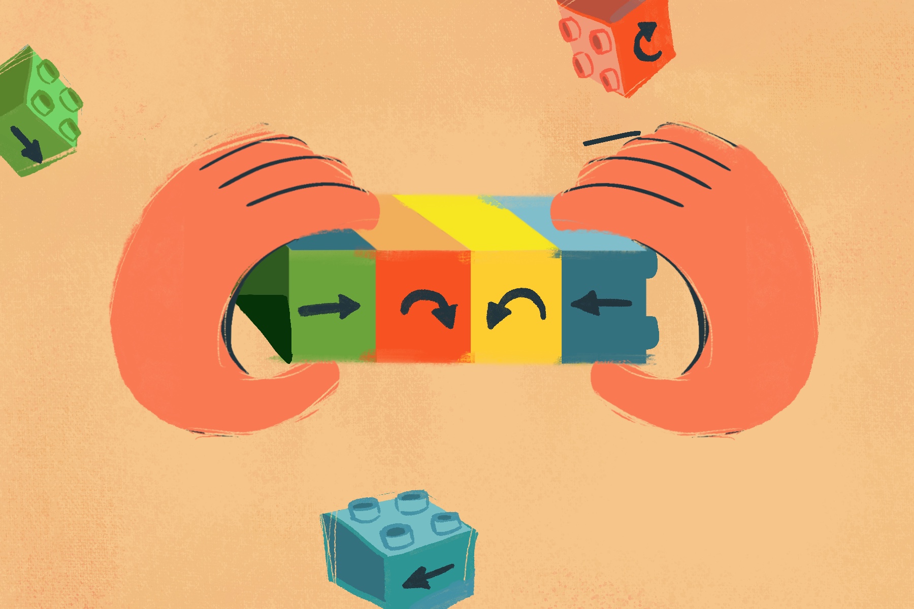 Illustration of hands holding a row of four action blocks surrounded by colourful lego blocks