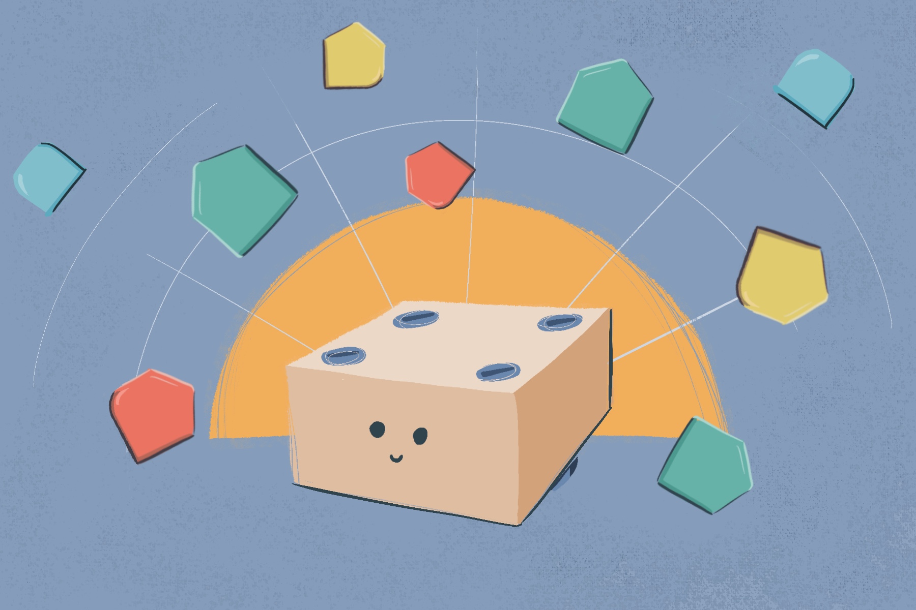 Illustration of Cubetto in front of top side of a yellow semi-circle with command blocks around