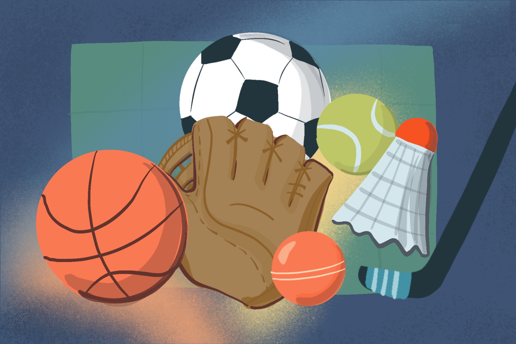 a An illustration of Weavly scene with several sports items on it, such as basketball ball, soccer ball, field hockey ball, tennis ball, hockey stick, and a badminton shuttlecock.
