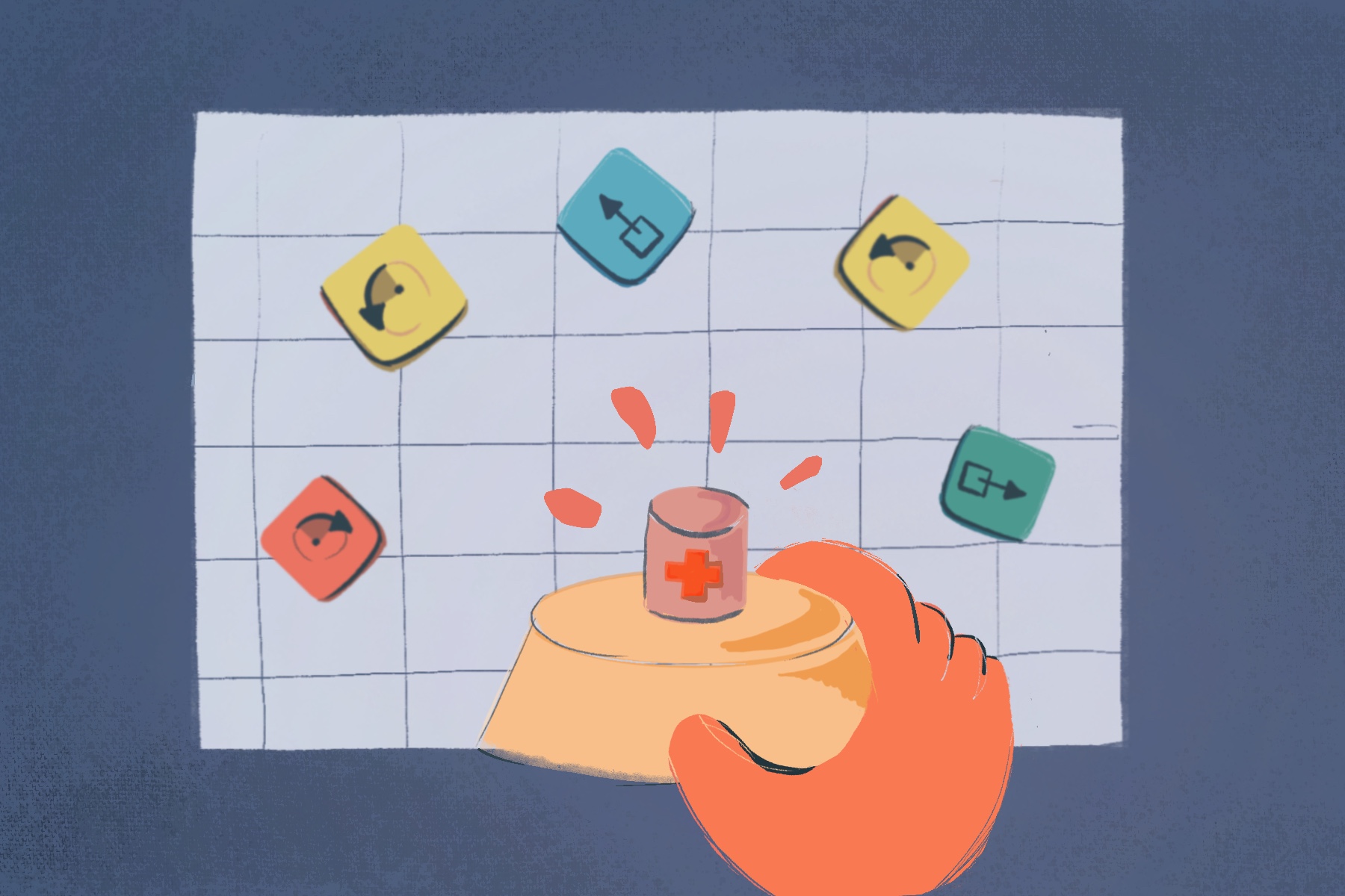 Illustration of orange hand grabbing emergency button with red medical cross surrounded by grid and action blocks