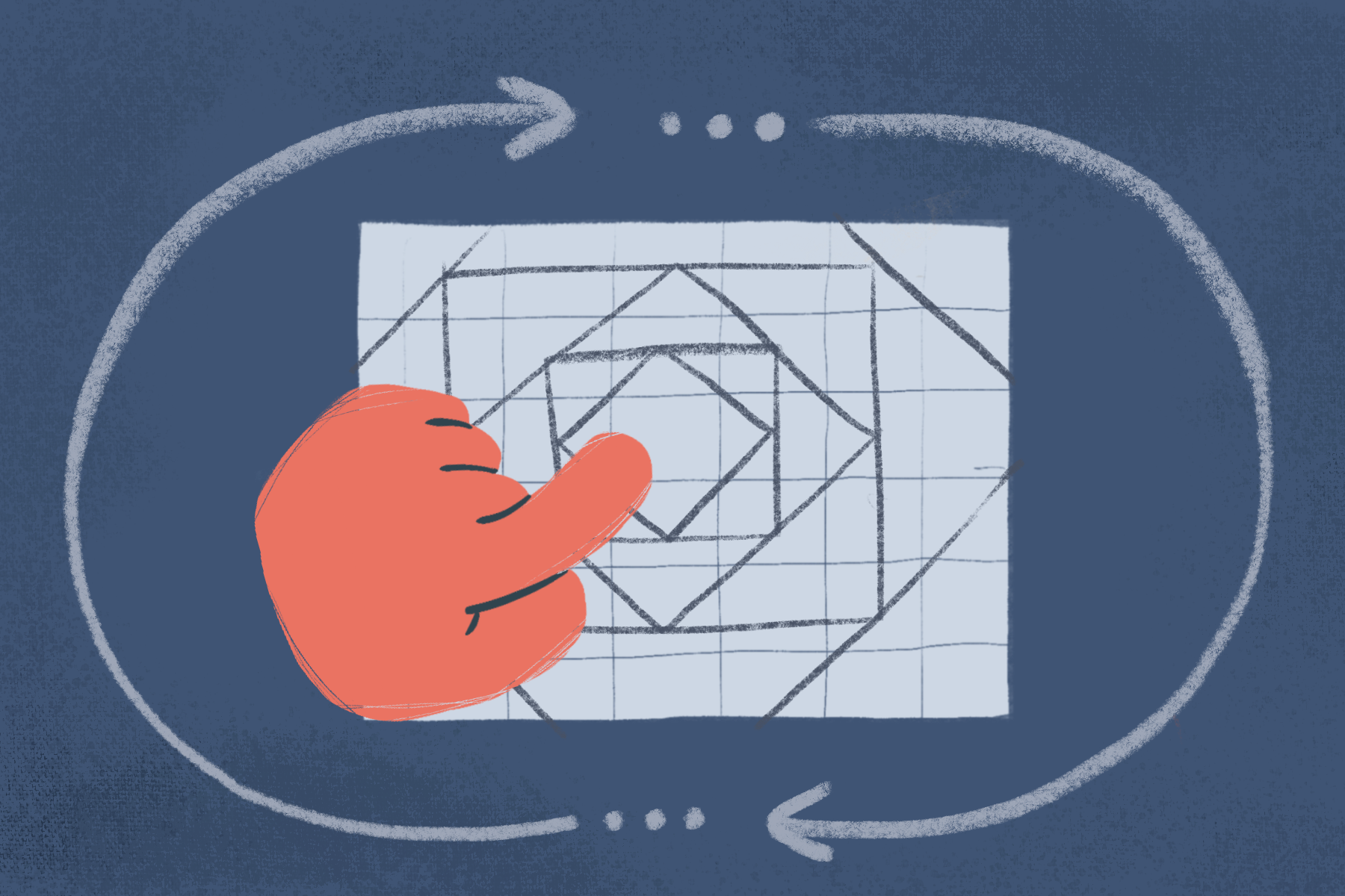 An illustration showing a hand creating a repeated pattern on the Weavly coding environment. Two arrows around the scene show a circular movement. 