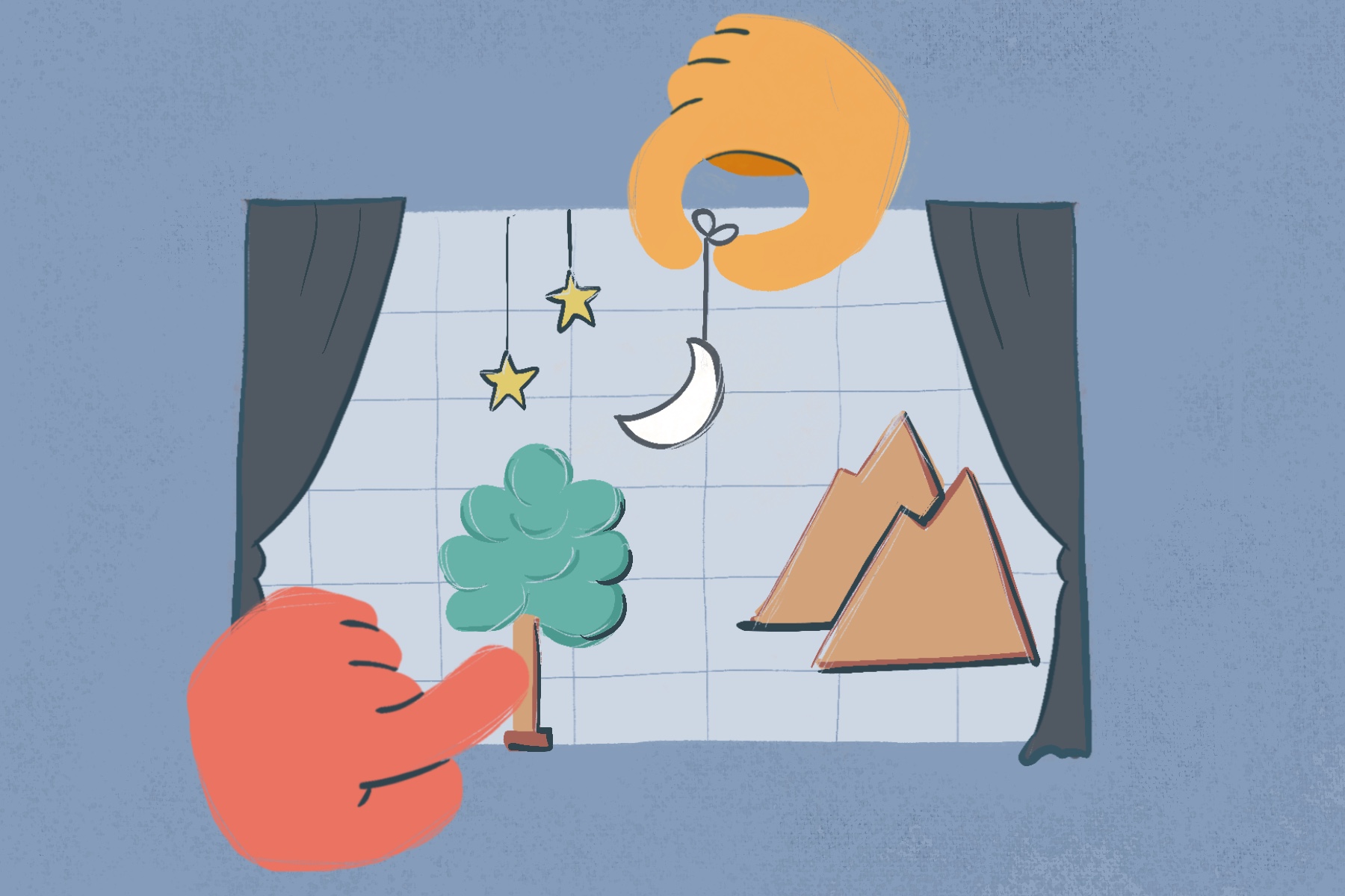 Illustration of grid with curtain at right and left side and hands placing elements of stars and moons on string, mountains and tree