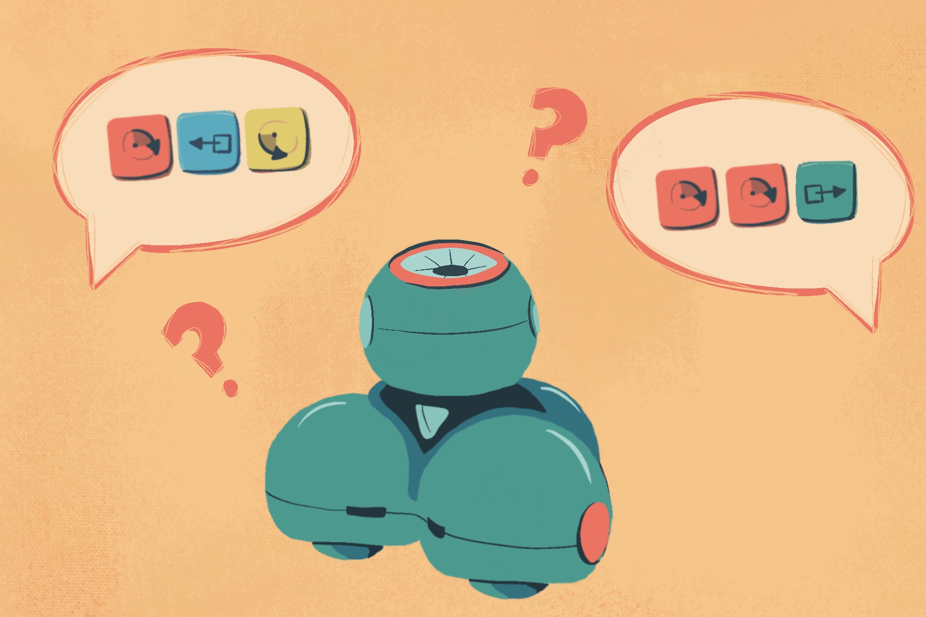 Illustration of Dash with speech bubbles of action blocks and question marks