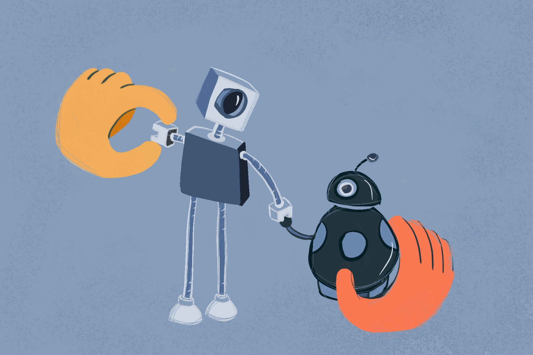 Illustration of hands holding tall and short round robot holding hands